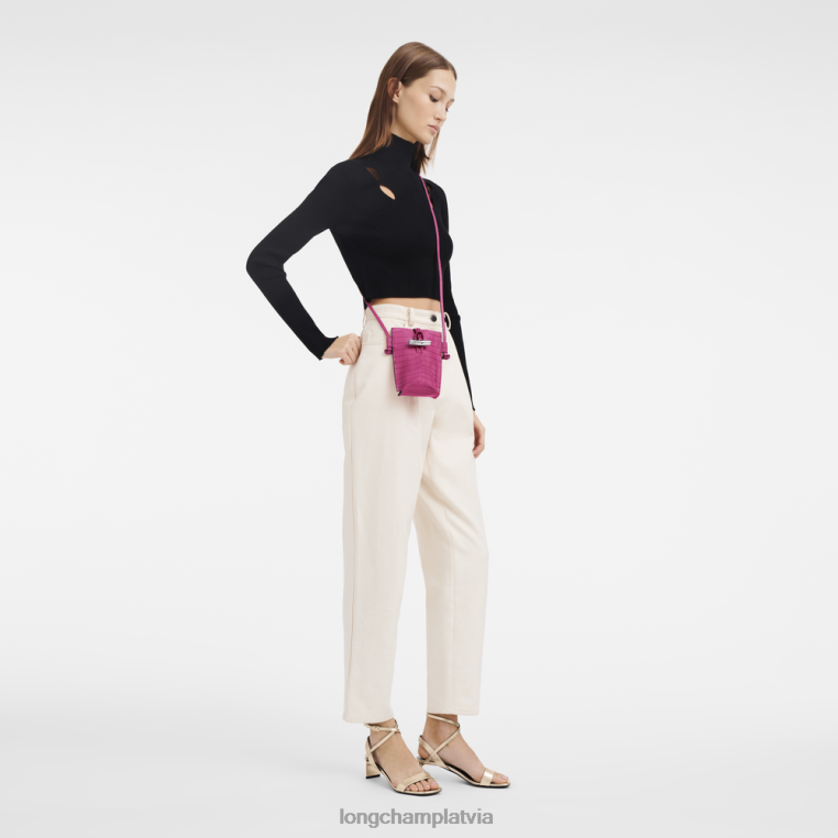 sievietes fuksija Longchamp roseau croco telefona maciņš ar mežģīnēm ādas izstrādājumi 64NVH689