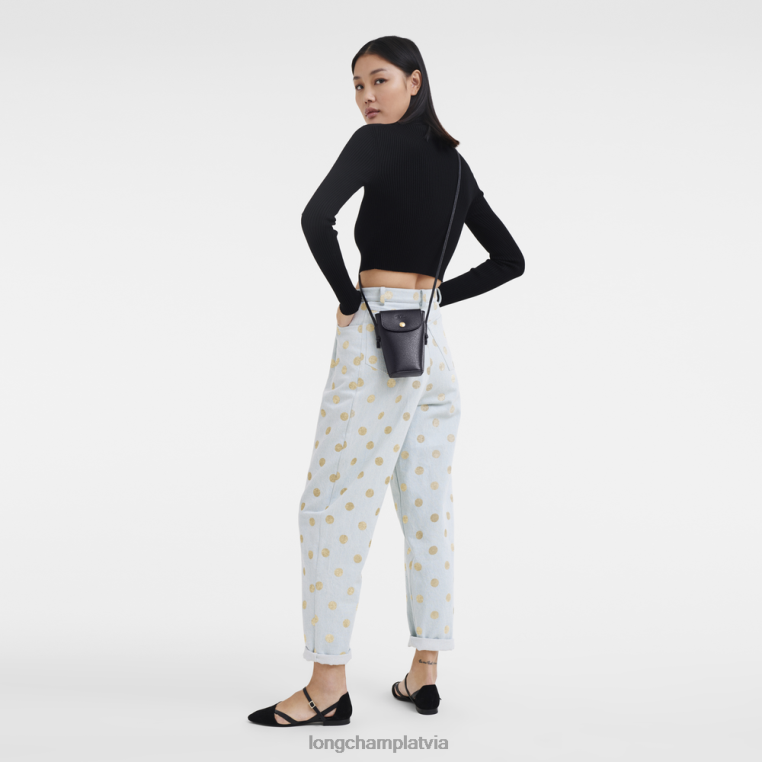 sievietes melns Longchamp epure telefona maciņš ar ādas mežģīnēm ādas izstrādājumi 64NVH706