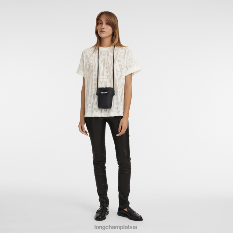 sievietes melns Longchamp roseau telefona maciņš ar mežģīnēm ādas izstrādājumi 64NVH683