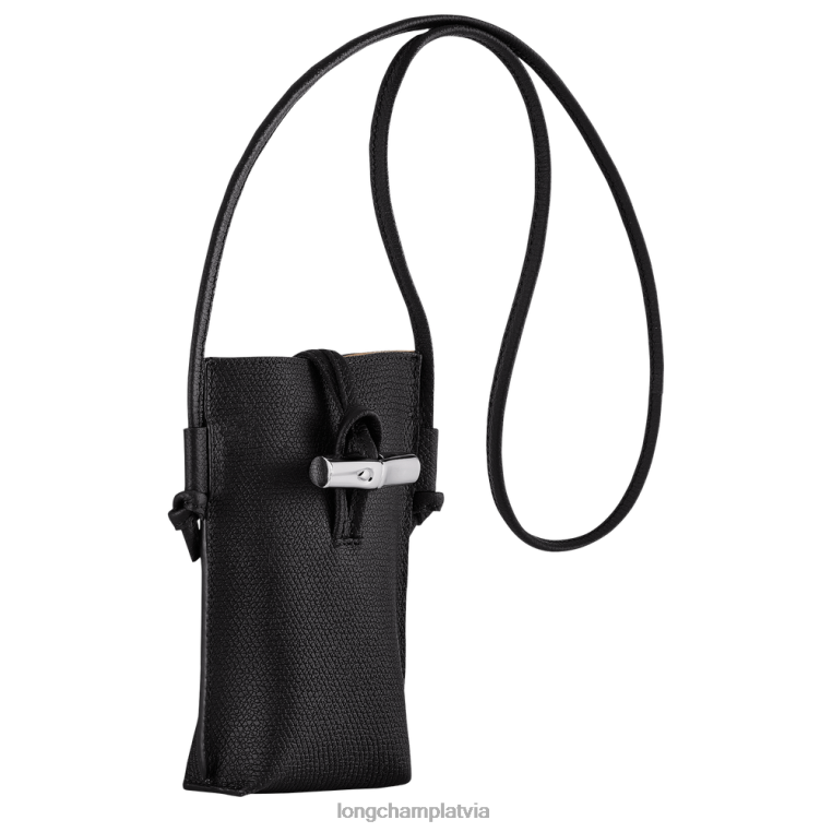 sievietes melns Longchamp roseau telefona maciņš ar mežģīnēm ādas izstrādājumi 64NVH683