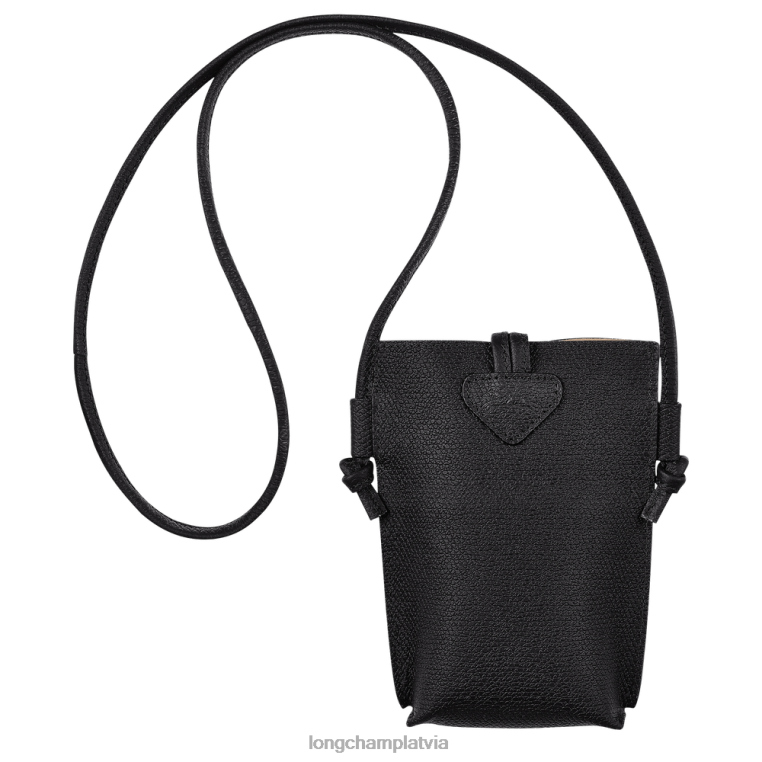 sievietes melns Longchamp roseau telefona maciņš ar mežģīnēm ādas izstrādājumi 64NVH683