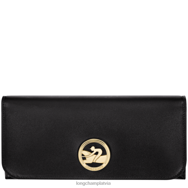 sievietes melns Longchamp box-trot kontinentālais maks ādas izstrādājumi 64NVH558
